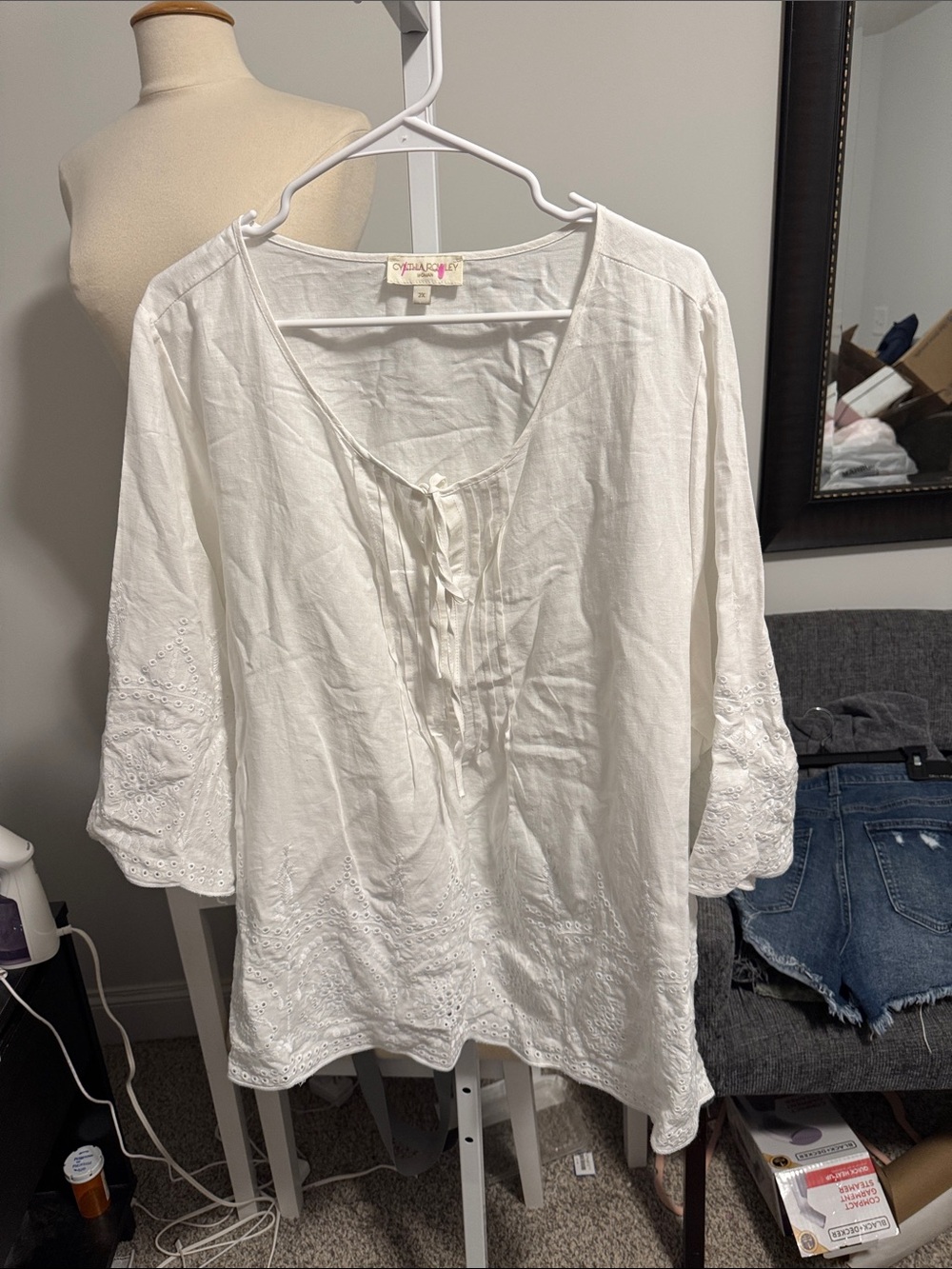 Cynthia Rowley White Eyelet Tie-Neck Blouse